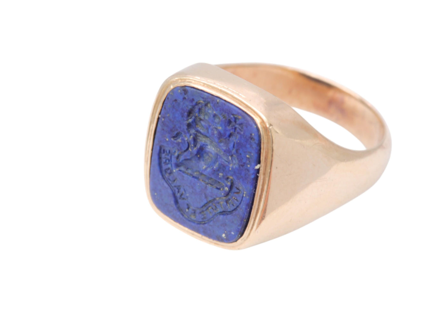 Antique 14ct Gold Lapis Lazuli Lion Intaglio 'By Virtue And Courage" Signet Ring
