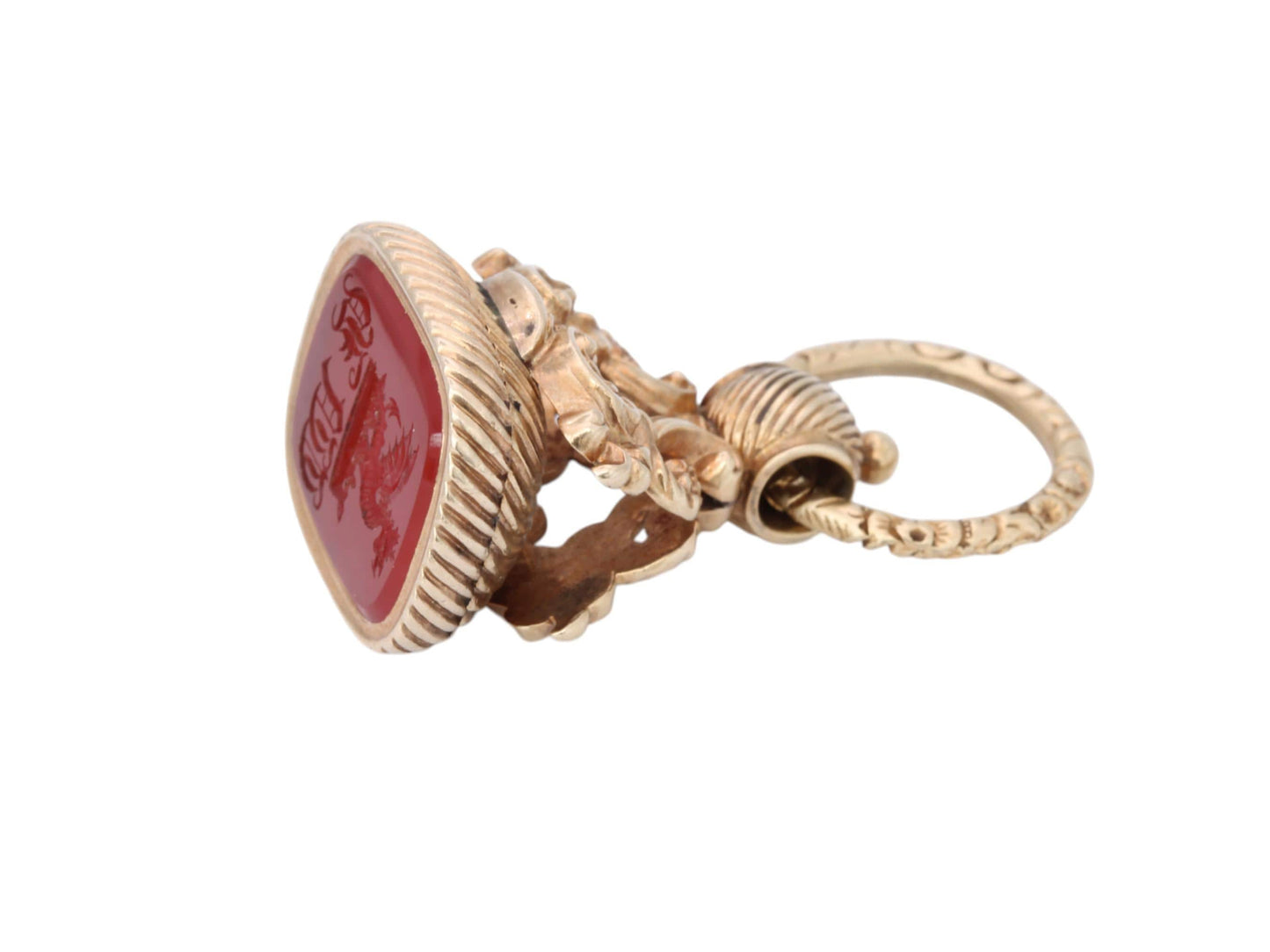 Antique 15ct Gold Carnelian Dragon Intaglio Crested Seal With Split Ring