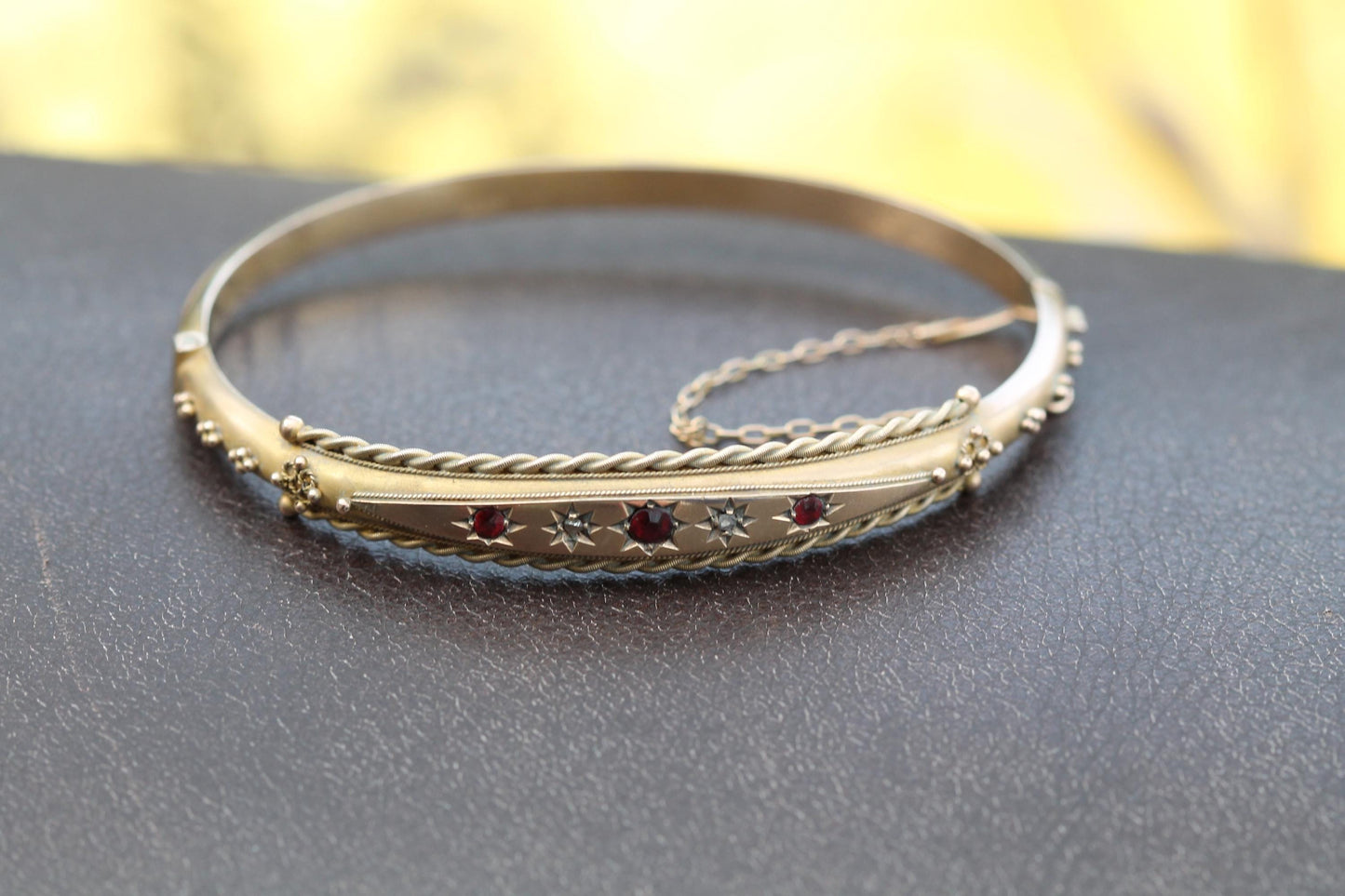 Antique 9ct Gold Diamond & Garnet Gypsy Set Bangle, 1902