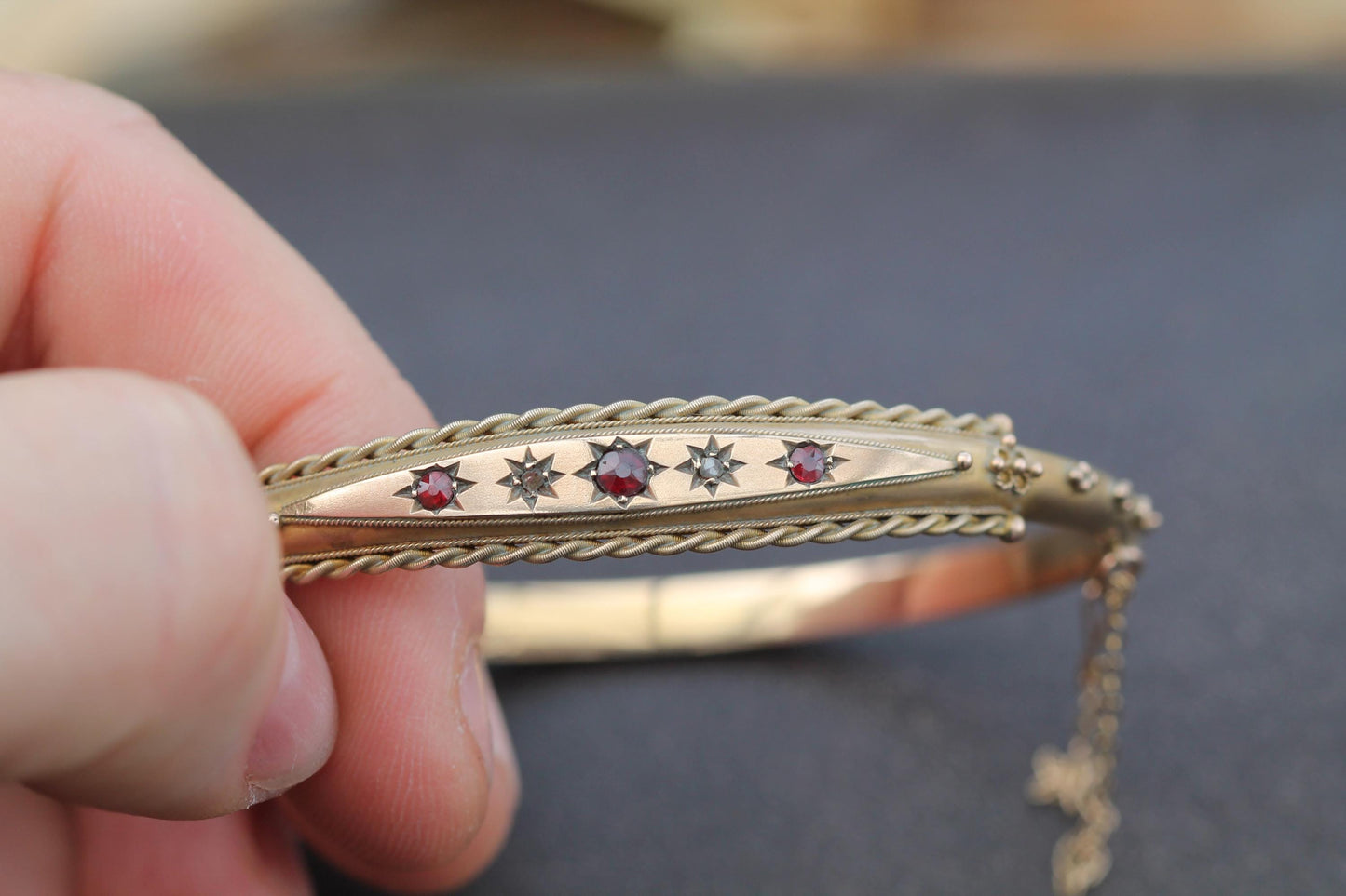 Antique 9ct Gold Diamond & Garnet Gypsy Set Bangle, 1902