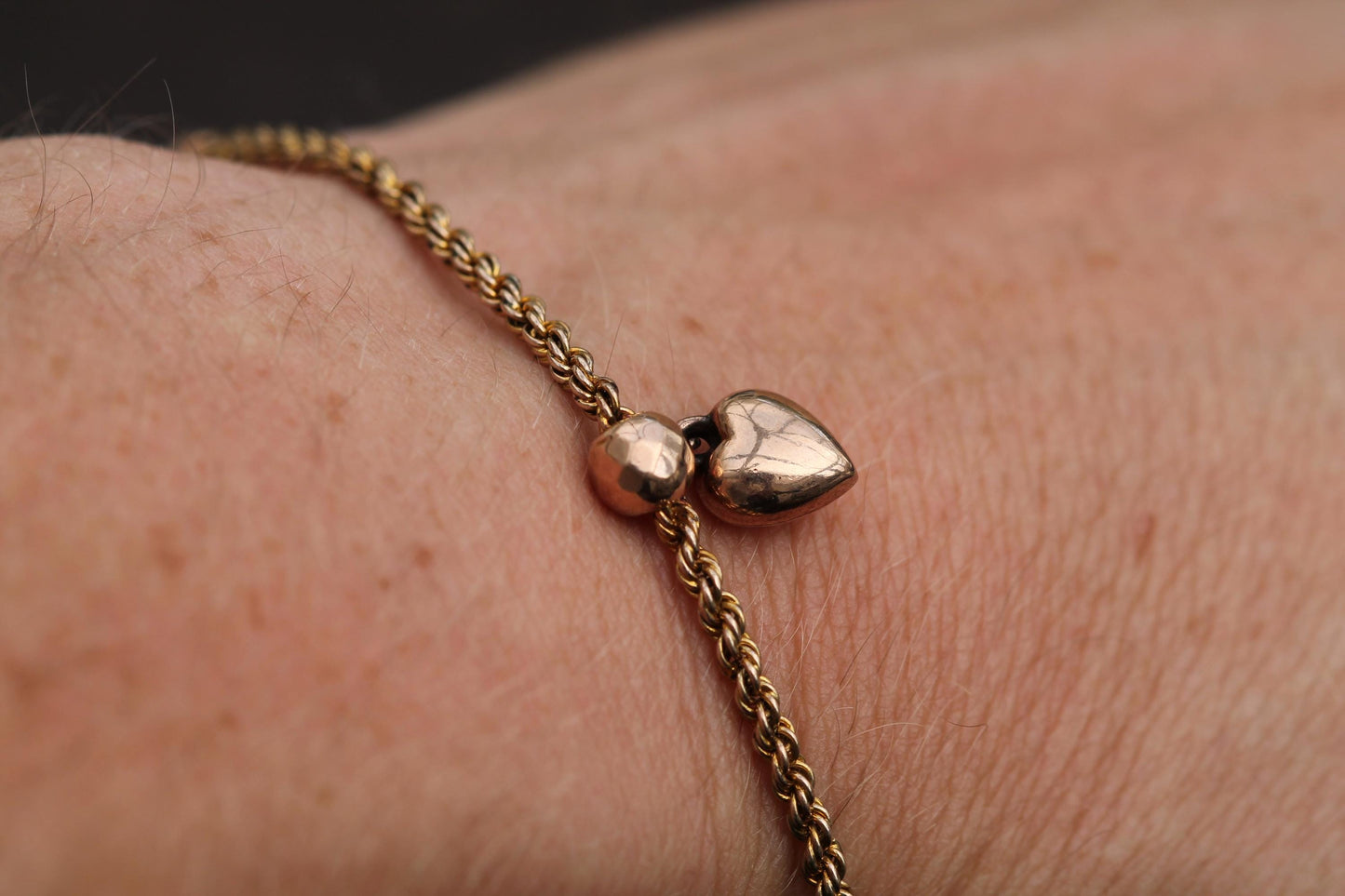 Antique 9ct Rose Gold Albertina Bracelet Tassel & Heart Charm, 7.5"