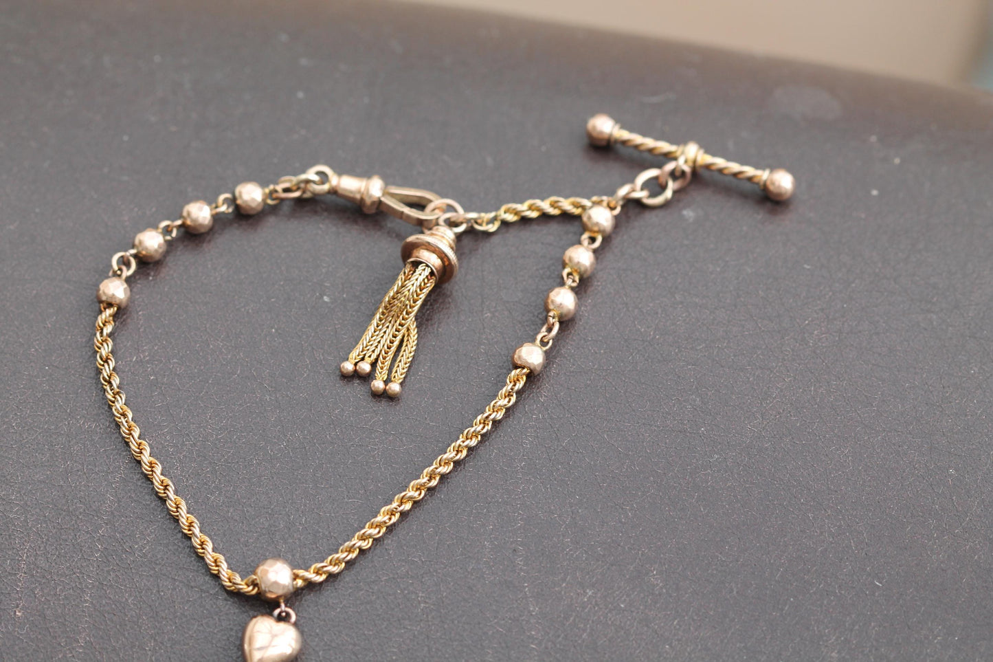 Antique 9ct Rose Gold Albertina Bracelet Tassel & Heart Charm, 7.5"