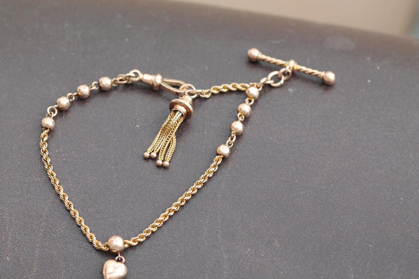 Antique 9ct Rose Gold Albertina Bracelet Tassel & Heart Charm, 7.5"