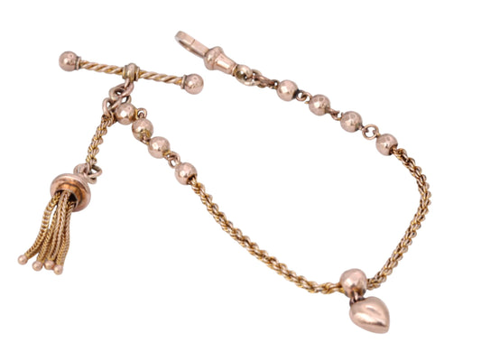 Antique 9ct Rose Gold Albertina Bracelet Tassel & Heart Charm, 7.5"
