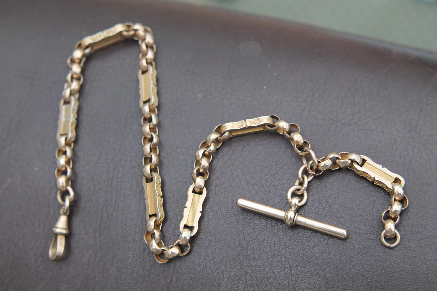 Antique 10ct Yellow Gold Faceted Belcher & Bar Links Necklace Albert, 14.25"