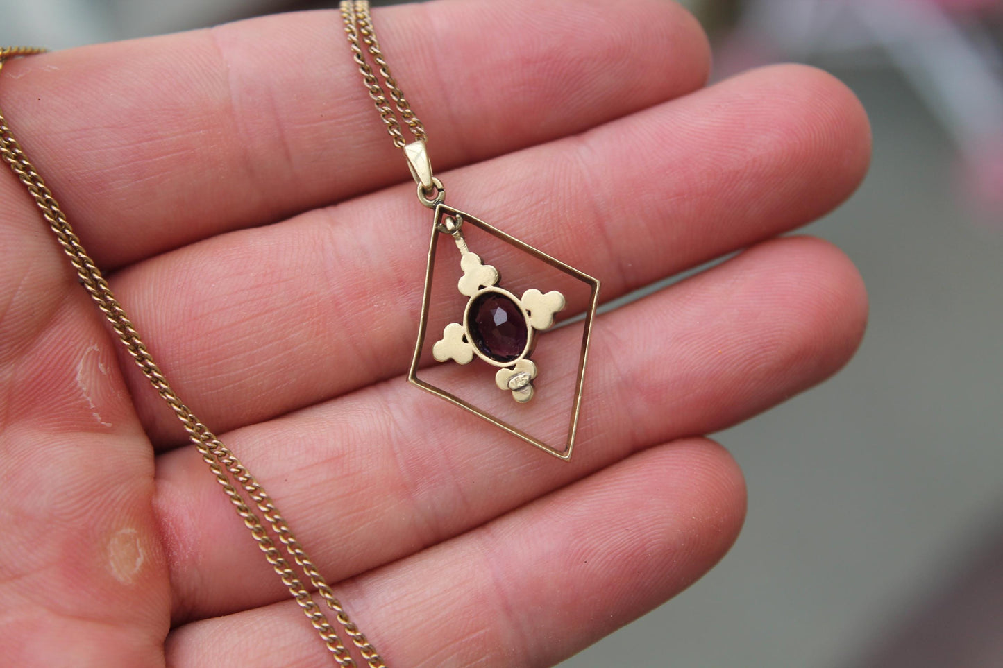 Antique 15ct Gold Amethyst Pearl Pendant Necklace, 18"