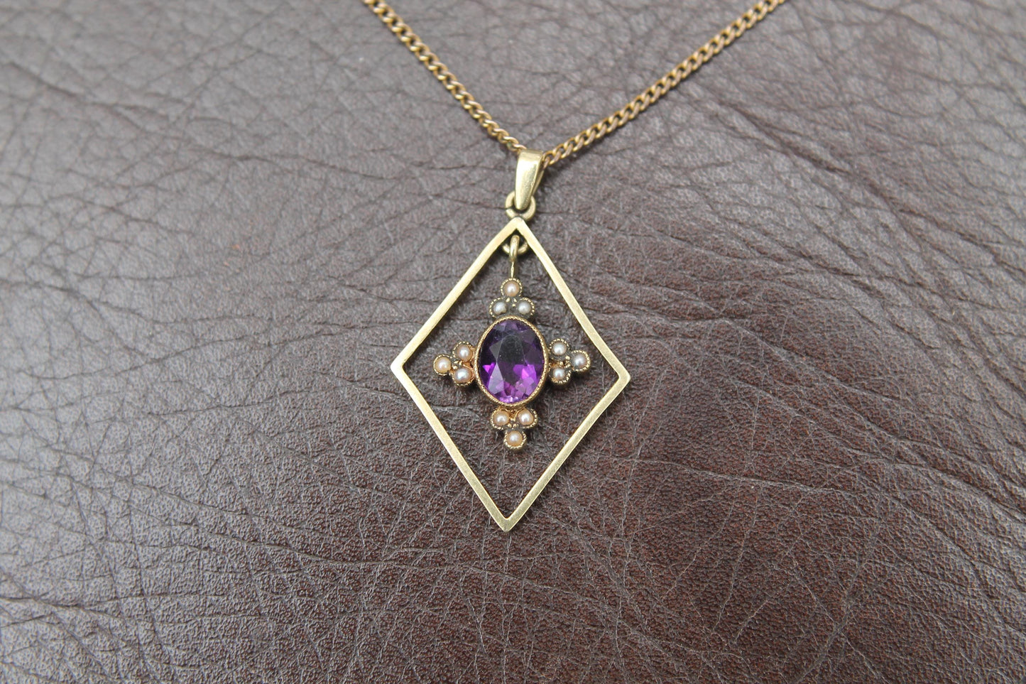 Antique 15ct Gold Amethyst Pearl Pendant Necklace, 18"