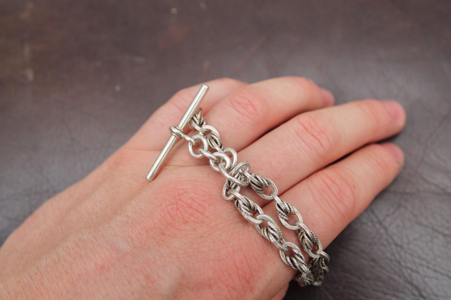 Antique Sterling Silver Lovers Knot Link Albert Chain Necklace, 15"