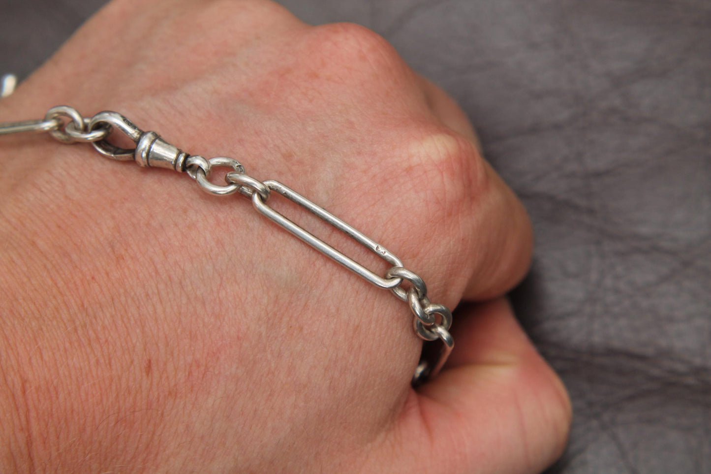 Antique Sterling Silver Trombone Link Albert Chain, 14"