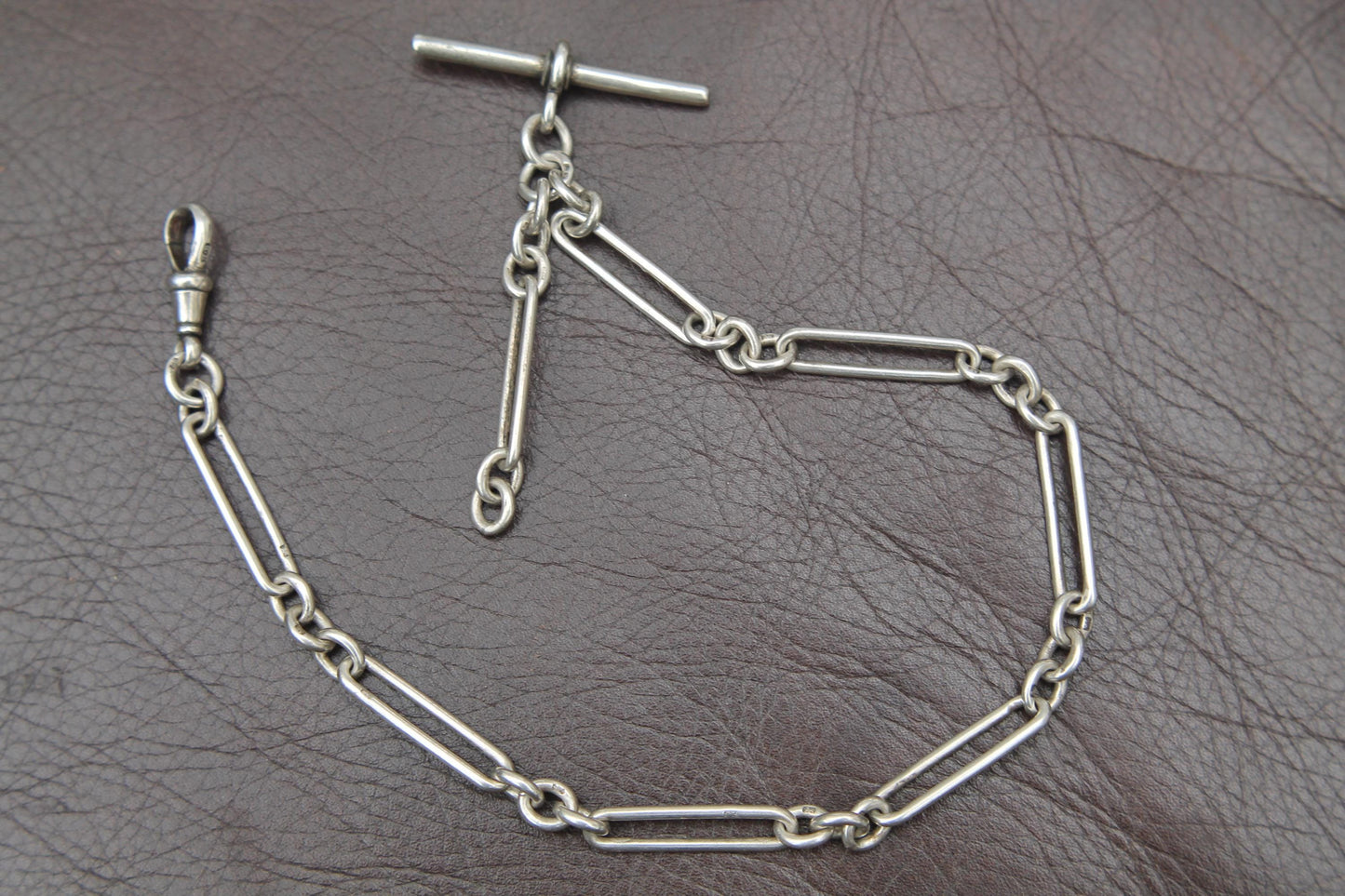 Antique-Sterling-Silver-Trombone-Link-Albert-Chain,-14"