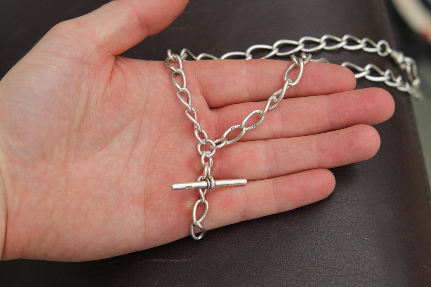 Antique Sterling Silver Twisted Trombone Link Albert Chain Necklace, 15"