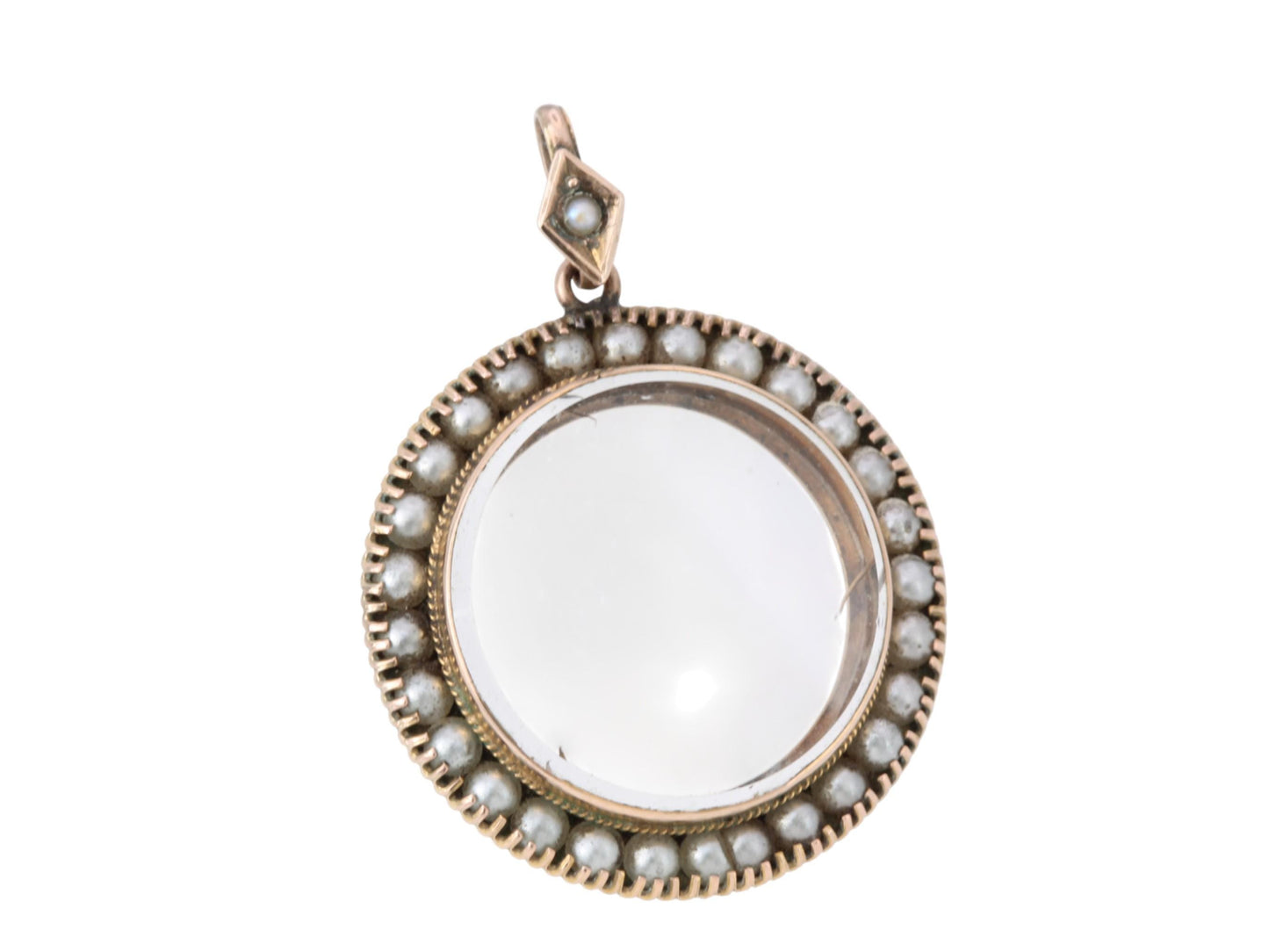 Antique 9ct Gold Seed Pearl, Glass Locket Pendant, 1904