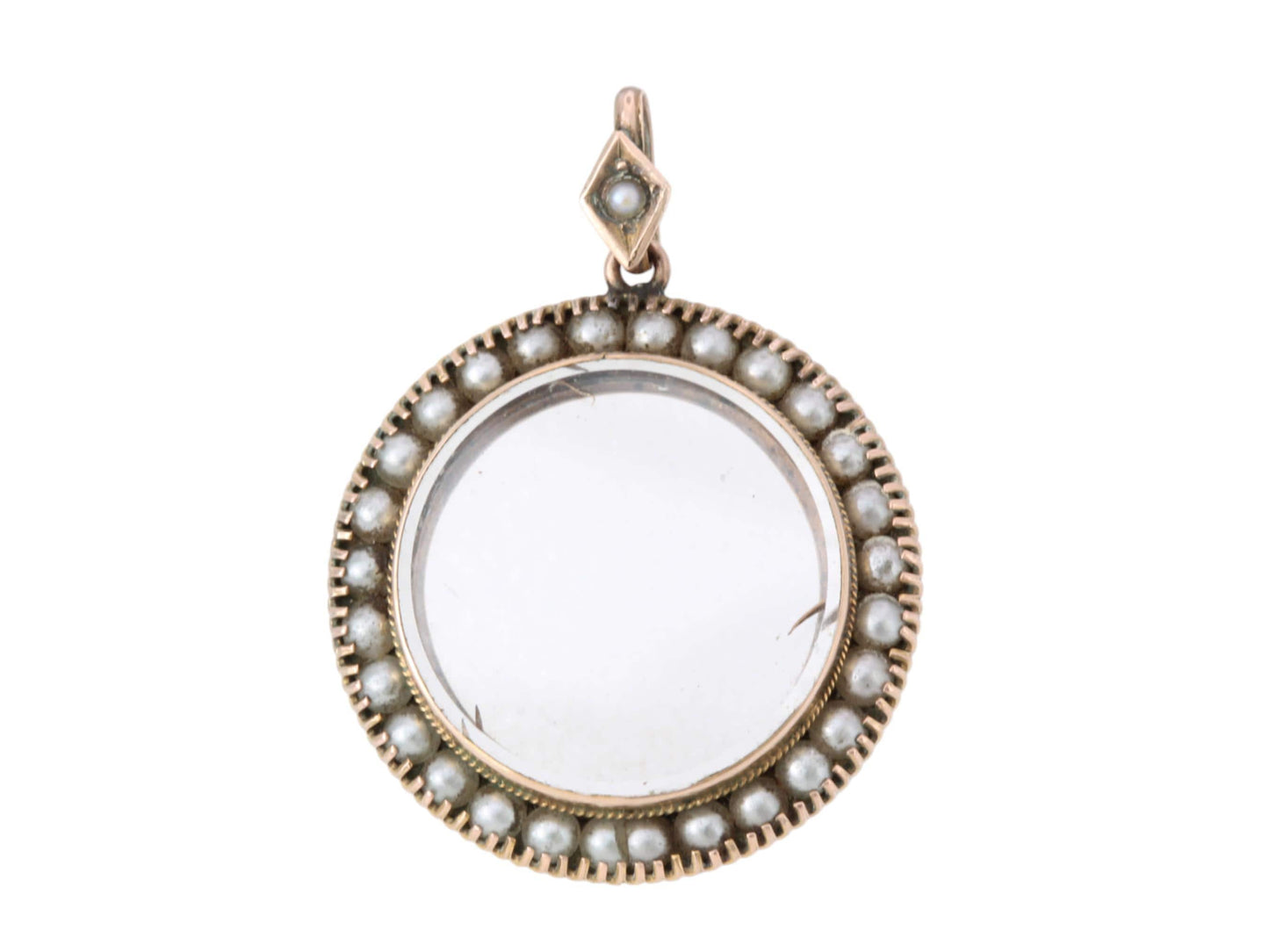 Antique 9ct Gold Seed Pearl, Glass Locket Pendant, 1904