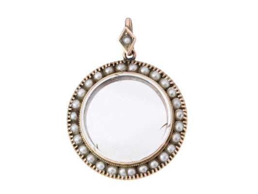 Antique 9ct Gold Seed Pearl, Glass Locket Pendant, 1904