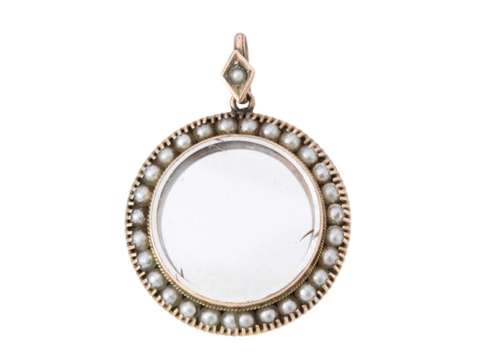 Antique 9ct Gold Seed Pearl, Glass Locket Pendant, 1904
