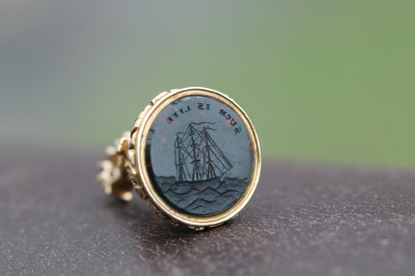 Antique 15ct Gold Seal, Bloodstone Intaglio with Ship & Motto “Such Is Life”, Victorian Sentimental Jewel c.1880