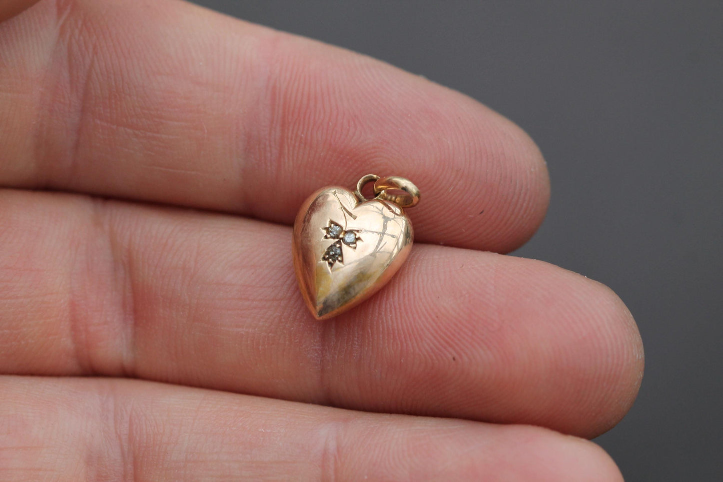 Antique 15ct Gold Lily Of The Valley Diamond Heart Charm Pendant, 1896