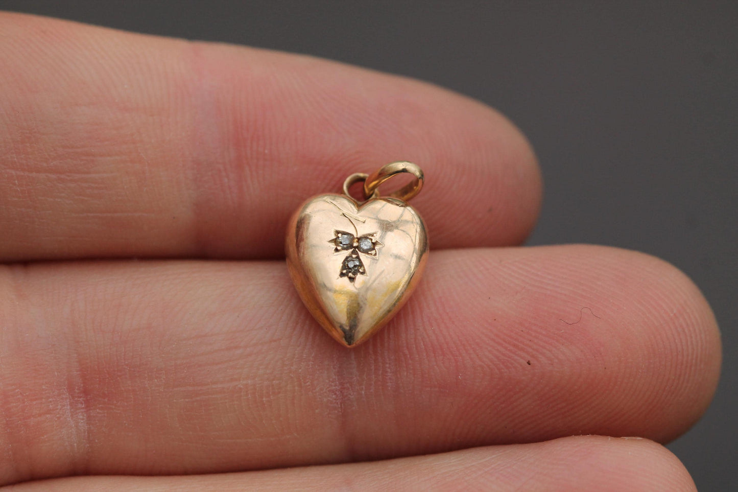 Antique 15ct Gold Lily Of The Valley Diamond Heart Charm Pendant, 1896