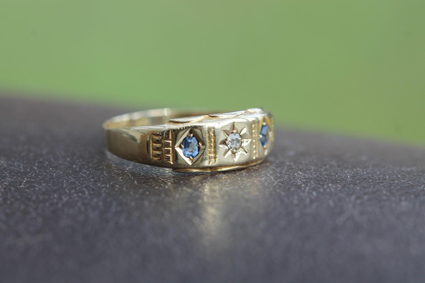 Antique 15ct Gold Diamond Sapphire Gypsy Ring, 1896