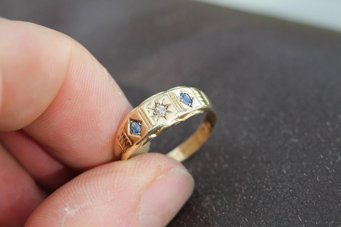 Antique 15ct Gold Diamond Sapphire Gypsy Ring, 1896
