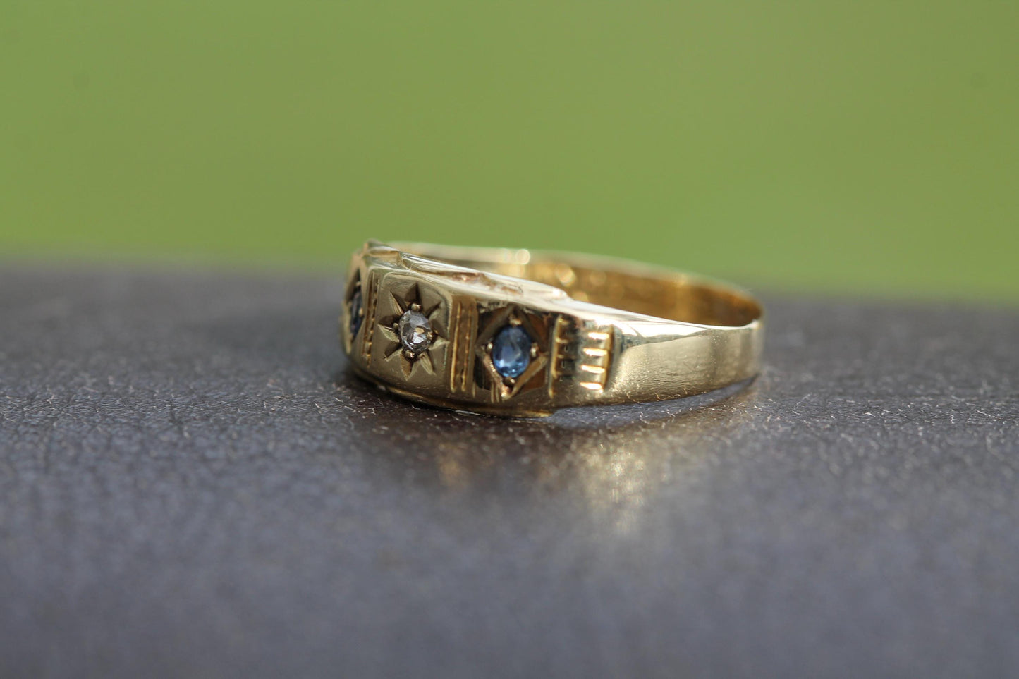 Antique 15ct Gold Diamond Sapphire Gypsy Ring, 1896