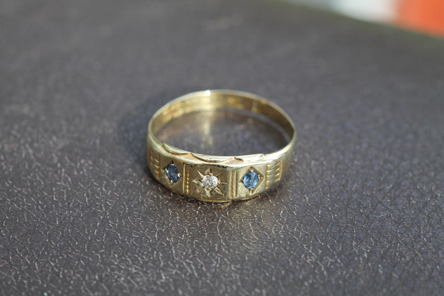 Antique 15ct Gold Diamond Sapphire Gypsy Ring, 1896
