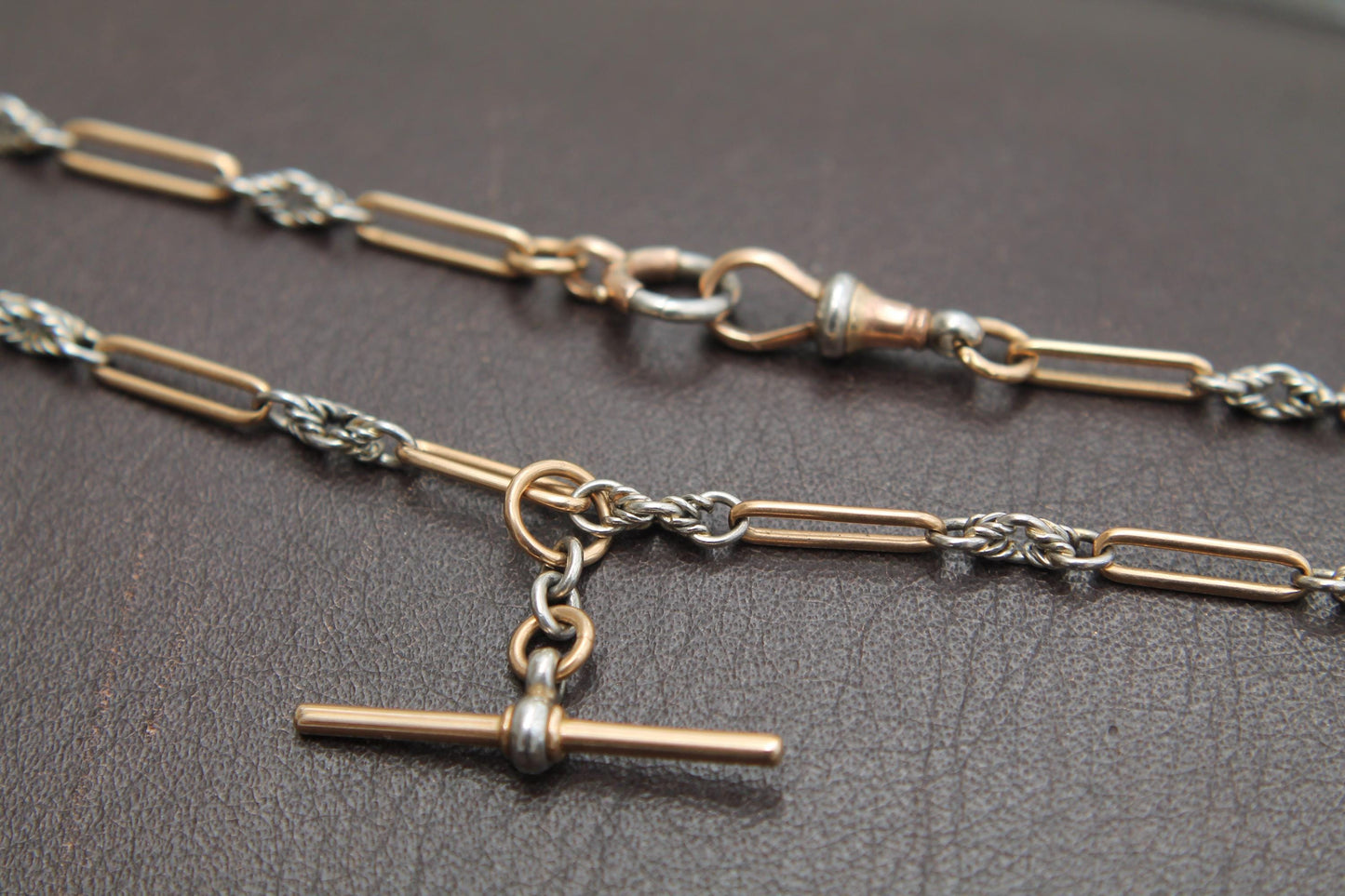 Antique 18ct Gold & Platinum, Trombone Lovers Knot Double Albert Necklace Chain, 15.5"