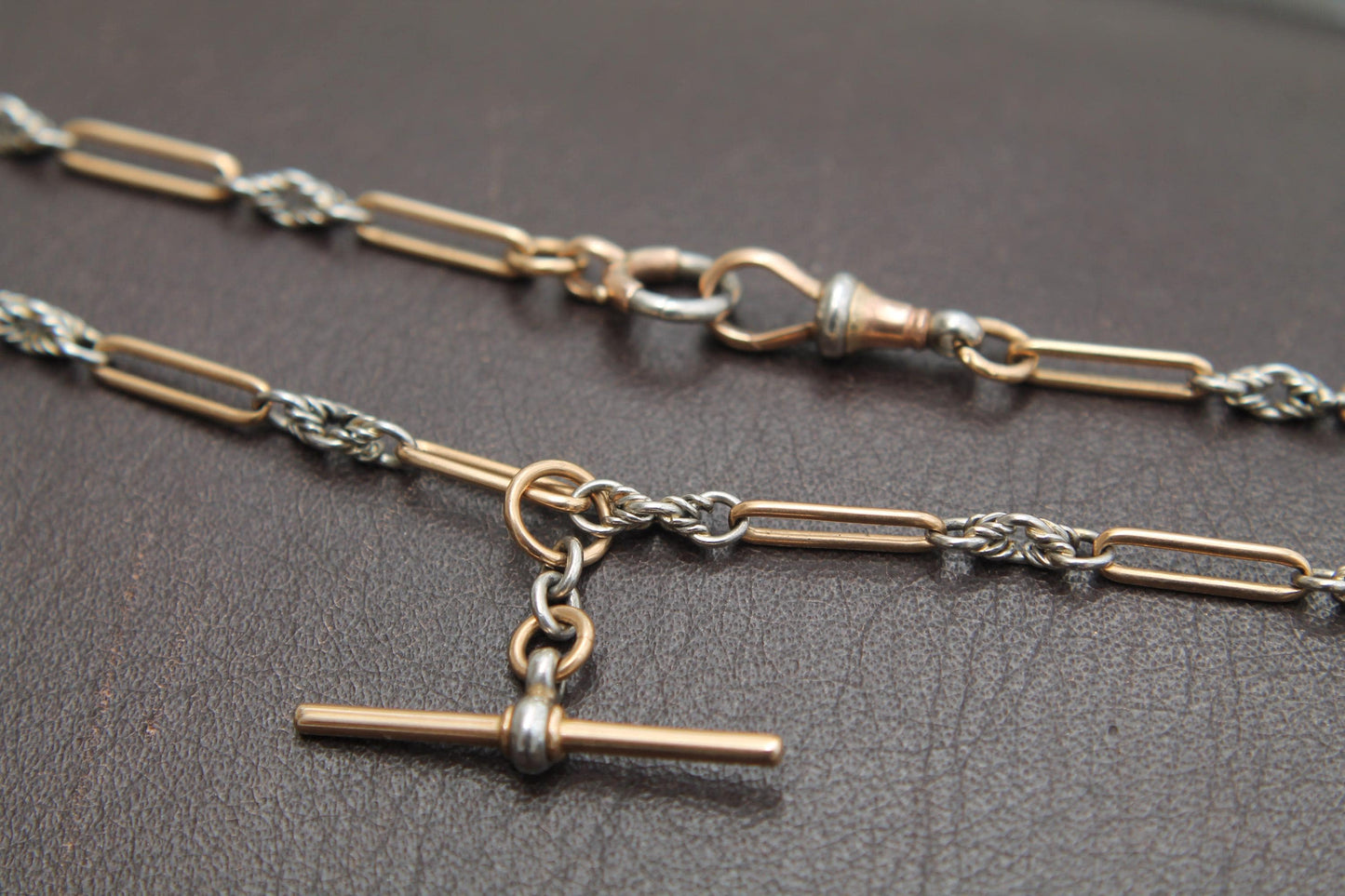 Antique 18ct Gold & Platinum, Trombone Lovers Knot Double Albert Necklace Chain, 15.5"