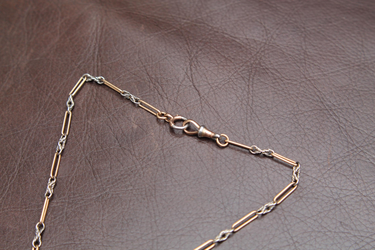 Antique 18ct Gold & Platinum, Trombone Lovers Knot Double Albert Necklace Chain, 15.5"