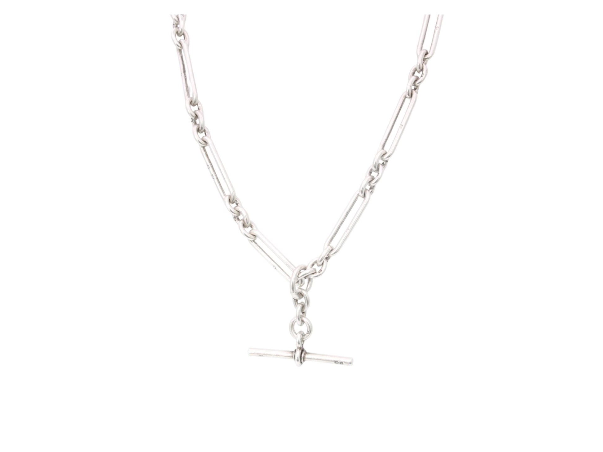 Antique-Sterling-Silver-Trombone-Link-Double-Albert-Necklace,-15"