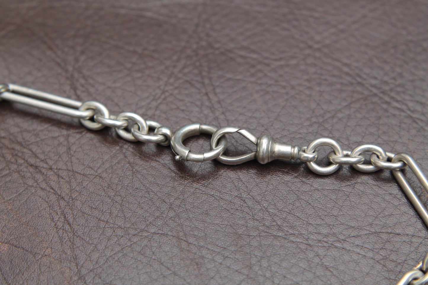 Antique Sterling Silver Trombone Link Double Albert Necklace, 15"