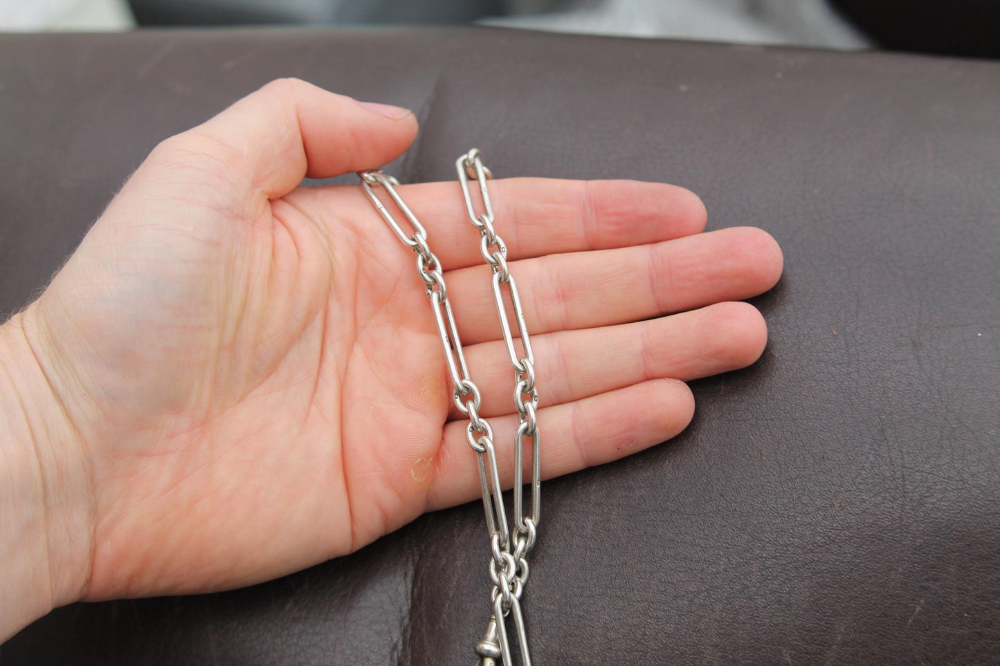 Antique Sterling Silver Trombone Link Double Albert Necklace, 15"