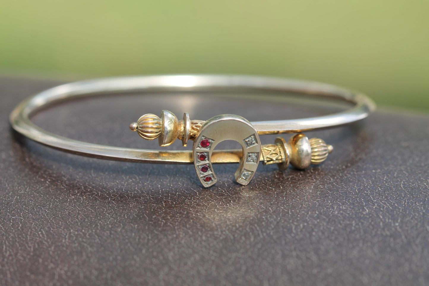 Antique 9ct Gold Diamond Ruby Lucky Horseshoe Bangle Bracelet, 6.5"