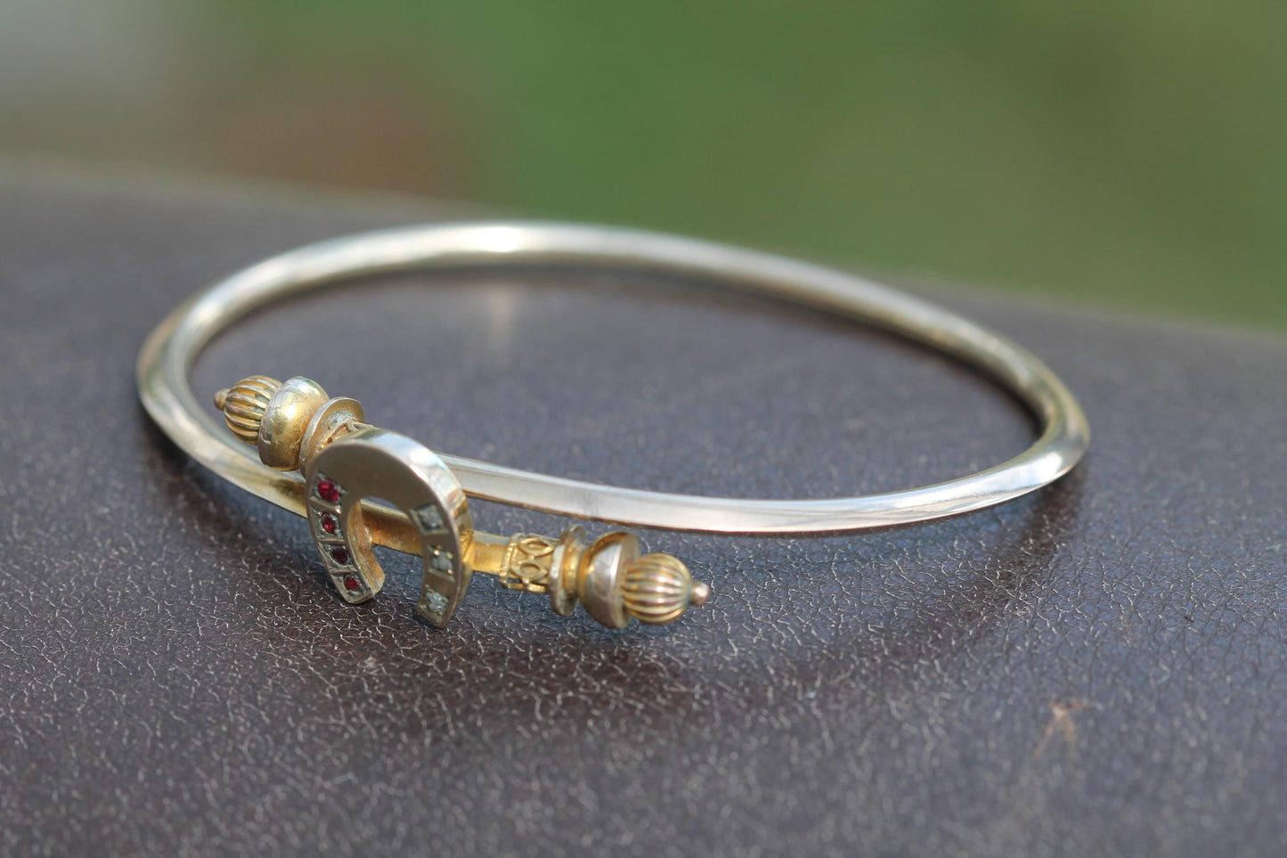 Antique 9ct Gold Diamond Ruby Lucky Horseshoe Bangle Bracelet, 6.5"