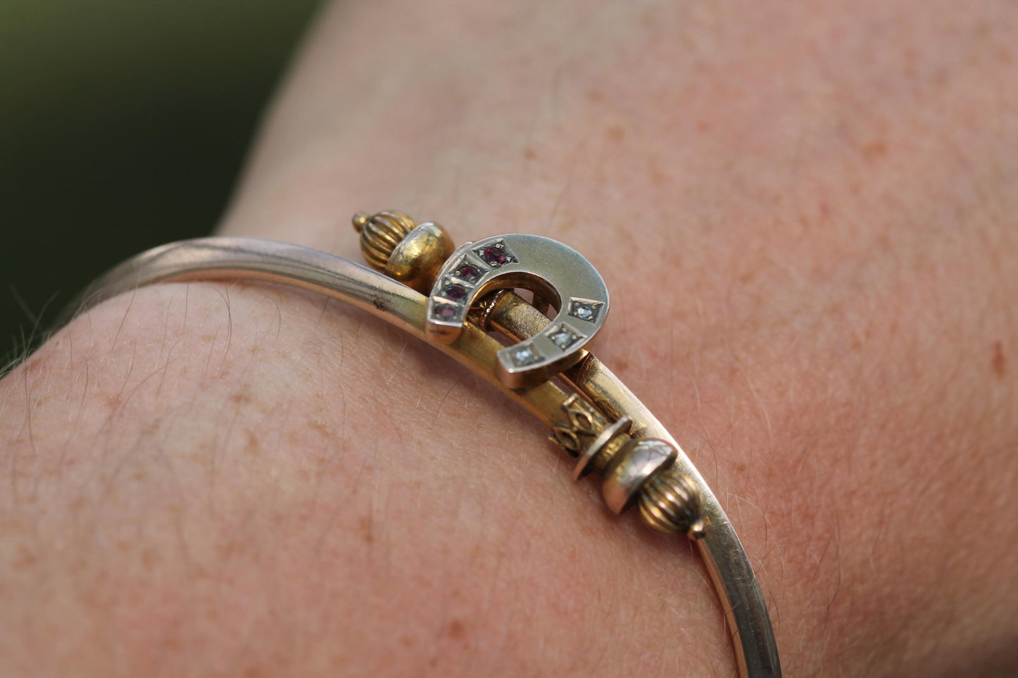 Antique 9ct Gold Diamond Ruby Lucky Horseshoe Bangle Bracelet, 6.5"