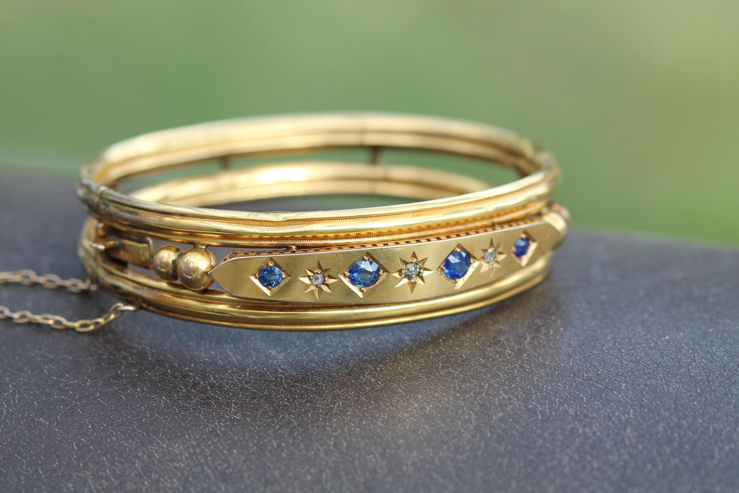 Antique 9ct Gold Old Cut Diamond & Sapphire Bangle Bracelet, 6.25"