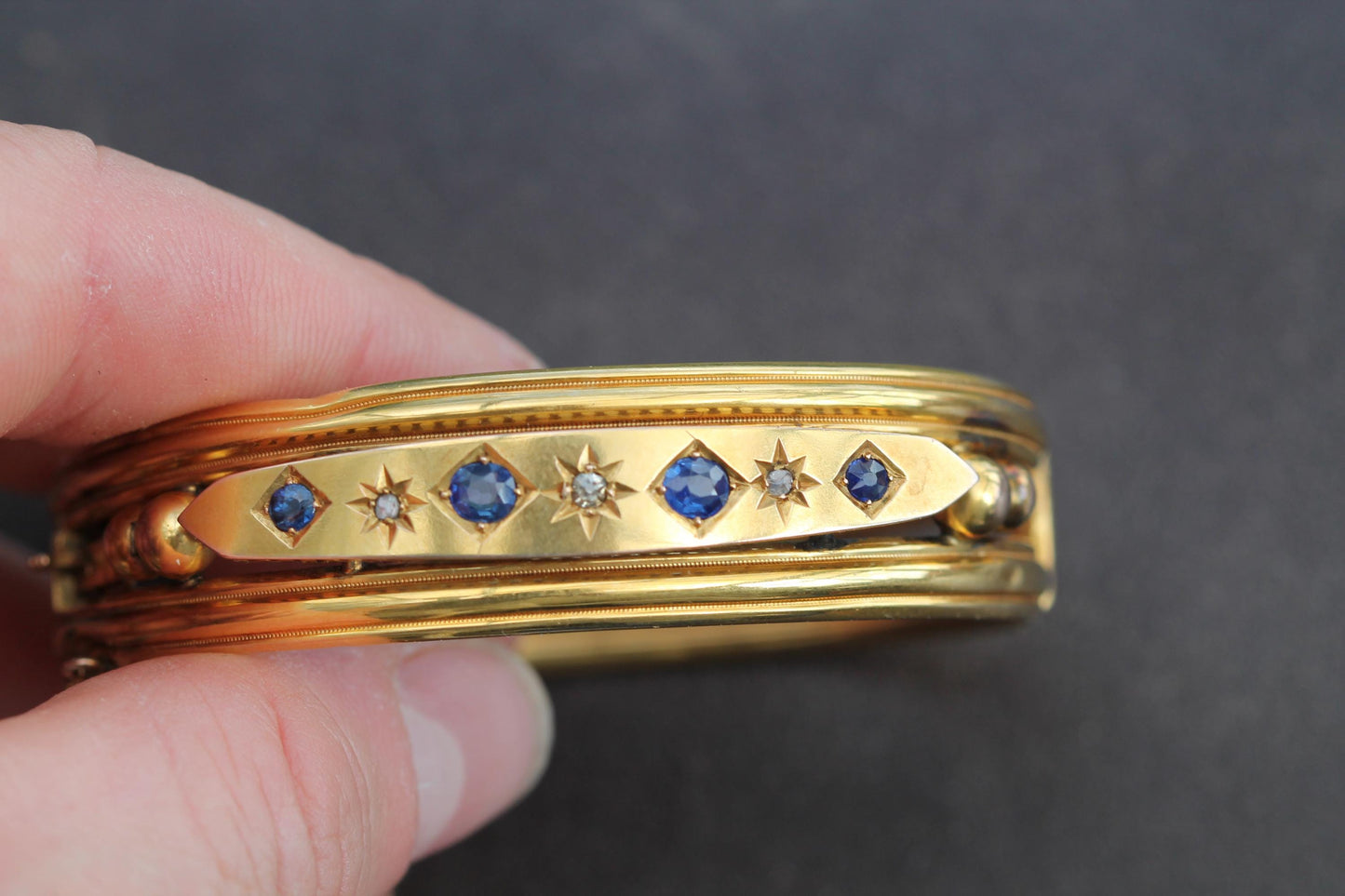 Antique 9ct Gold Old Cut Diamond & Sapphire Bangle Bracelet, 6.25"