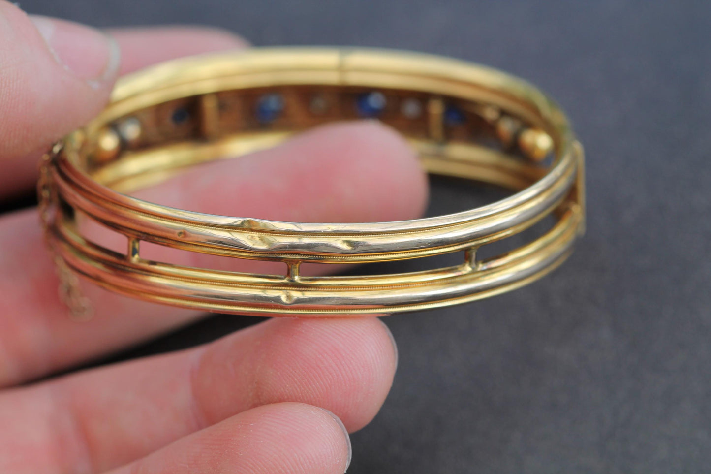 Antique 9ct Gold Old Cut Diamond & Sapphire Bangle Bracelet, 6.25"
