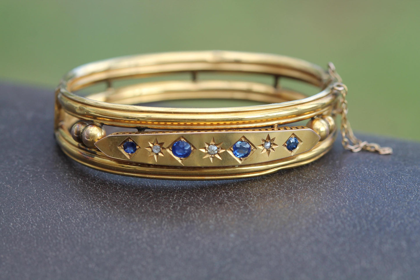 Antique 9ct Gold Old Cut Diamond & Sapphire Bangle Bracelet, 6.25"