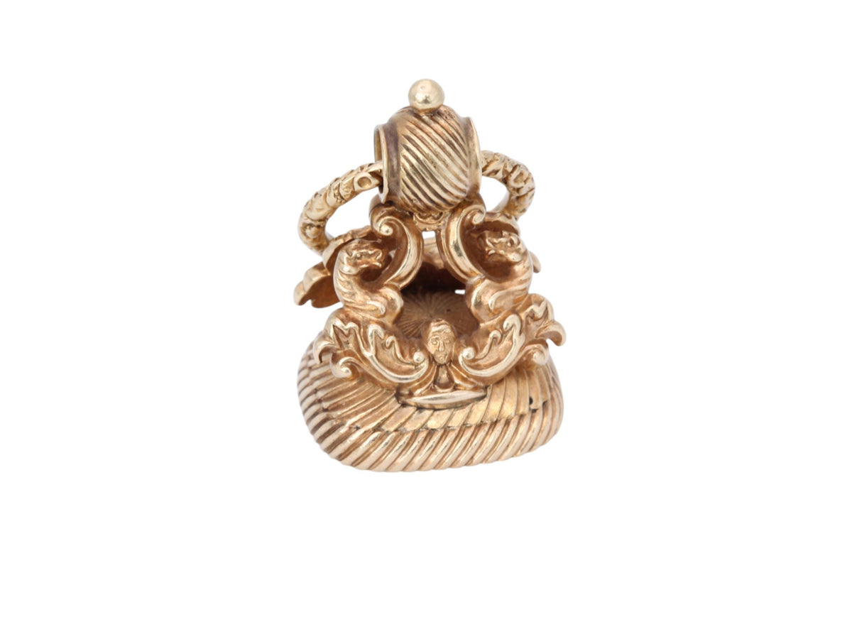 Antique 15ct Gold Carnelian Dragon Intaglio Crested Seal With Split Ring