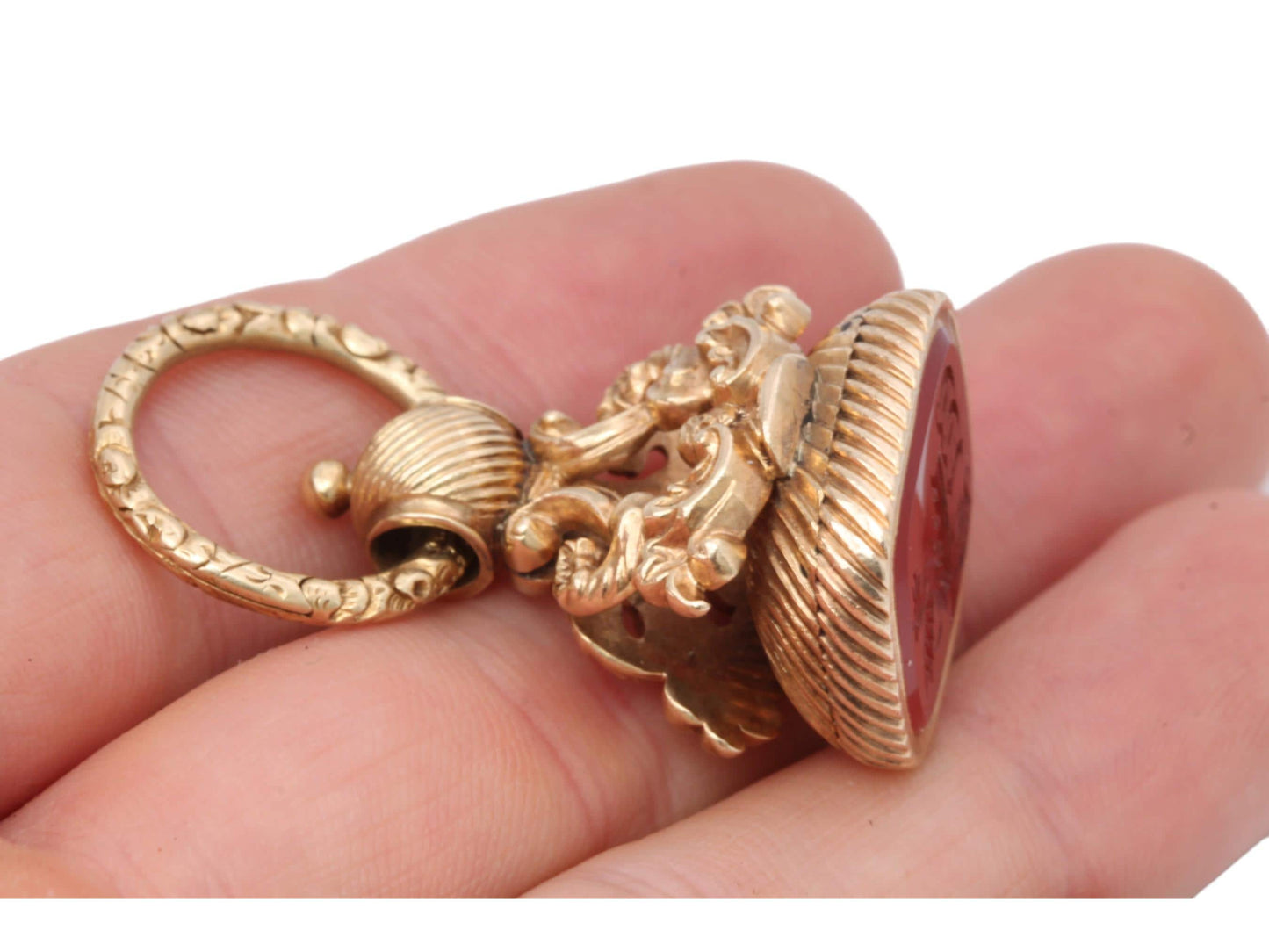 Antique 15ct Gold Carnelian Dragon Intaglio Crested Seal With Split Ring