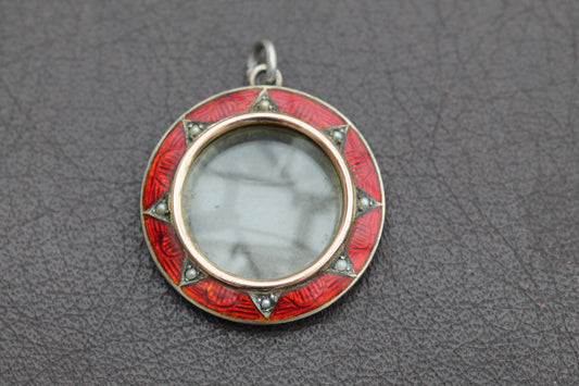 Antique Sterling Silver Red Enamel Pearl Locket Pendant, 1903