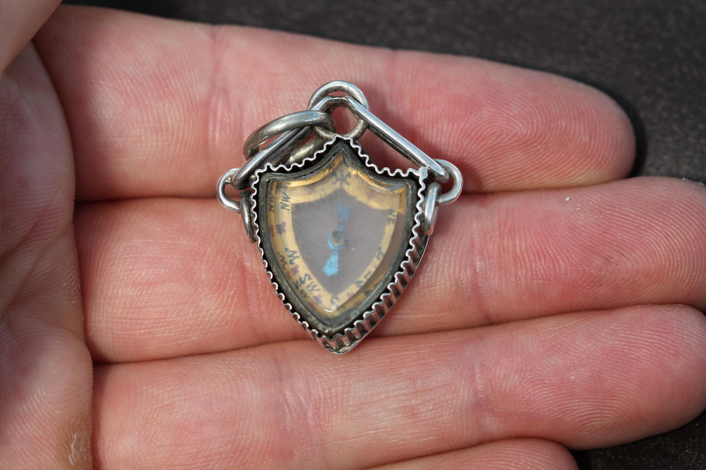 Antique Sterling Silver Shield Shaped Compass Pendant