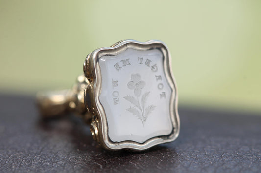 Antique 9ct Gold Filled Forget Me Not Flower Chalcedony Intaglio Seal Pendant