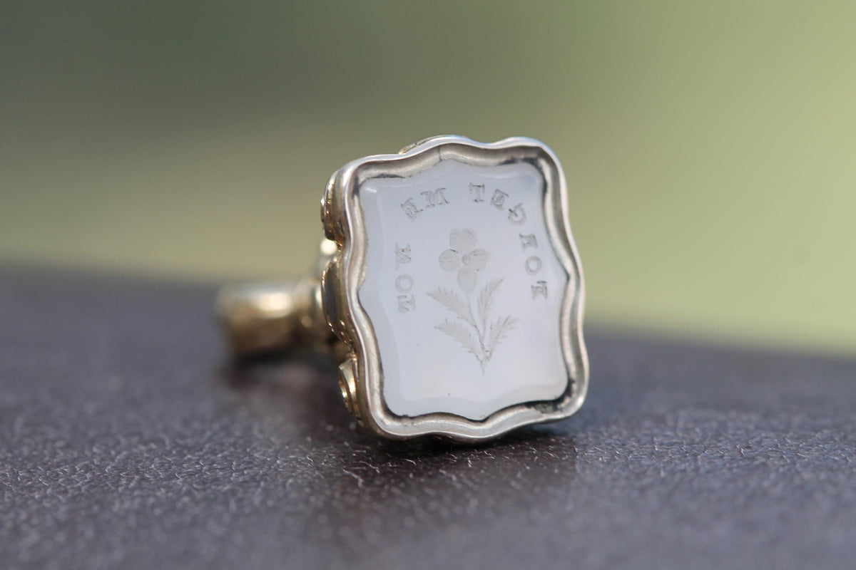 Antique 9ct Gold Filled Forget Me Not Flower Chalcedony Intaglio Seal Pendant