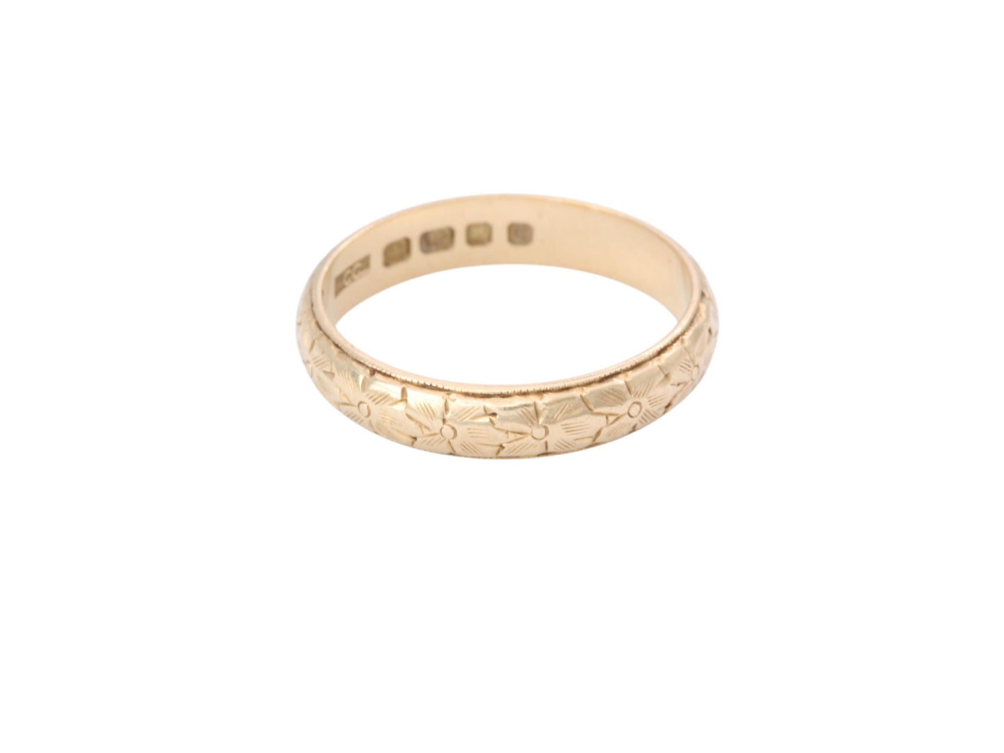 Vintage 18ct Gold Forget Me Not Chased Wedding Ring Band, 1960