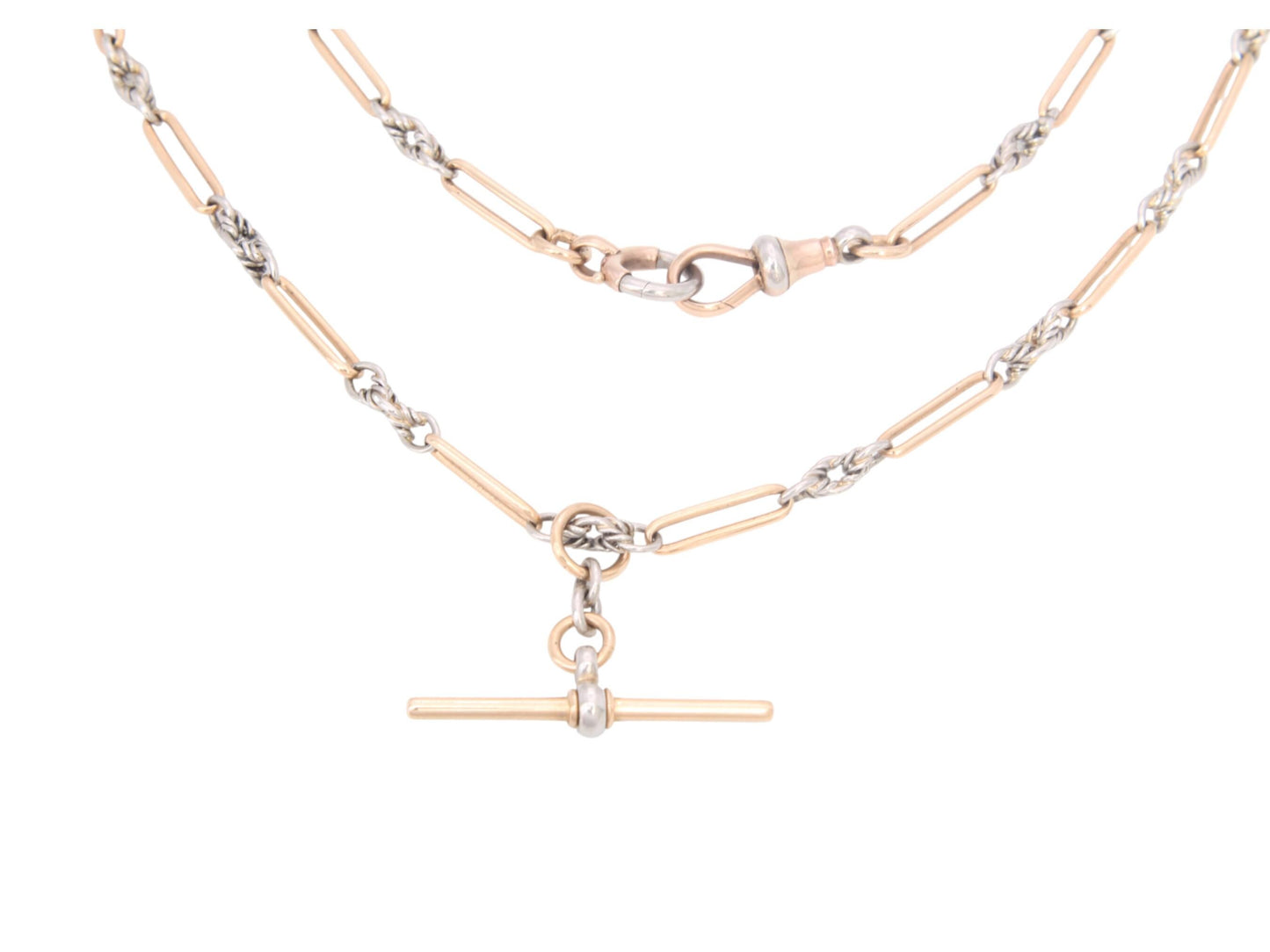 Antique 18ct Gold & Platinum, Trombone Lovers Knot Double Albert Necklace Chain, 15.5"