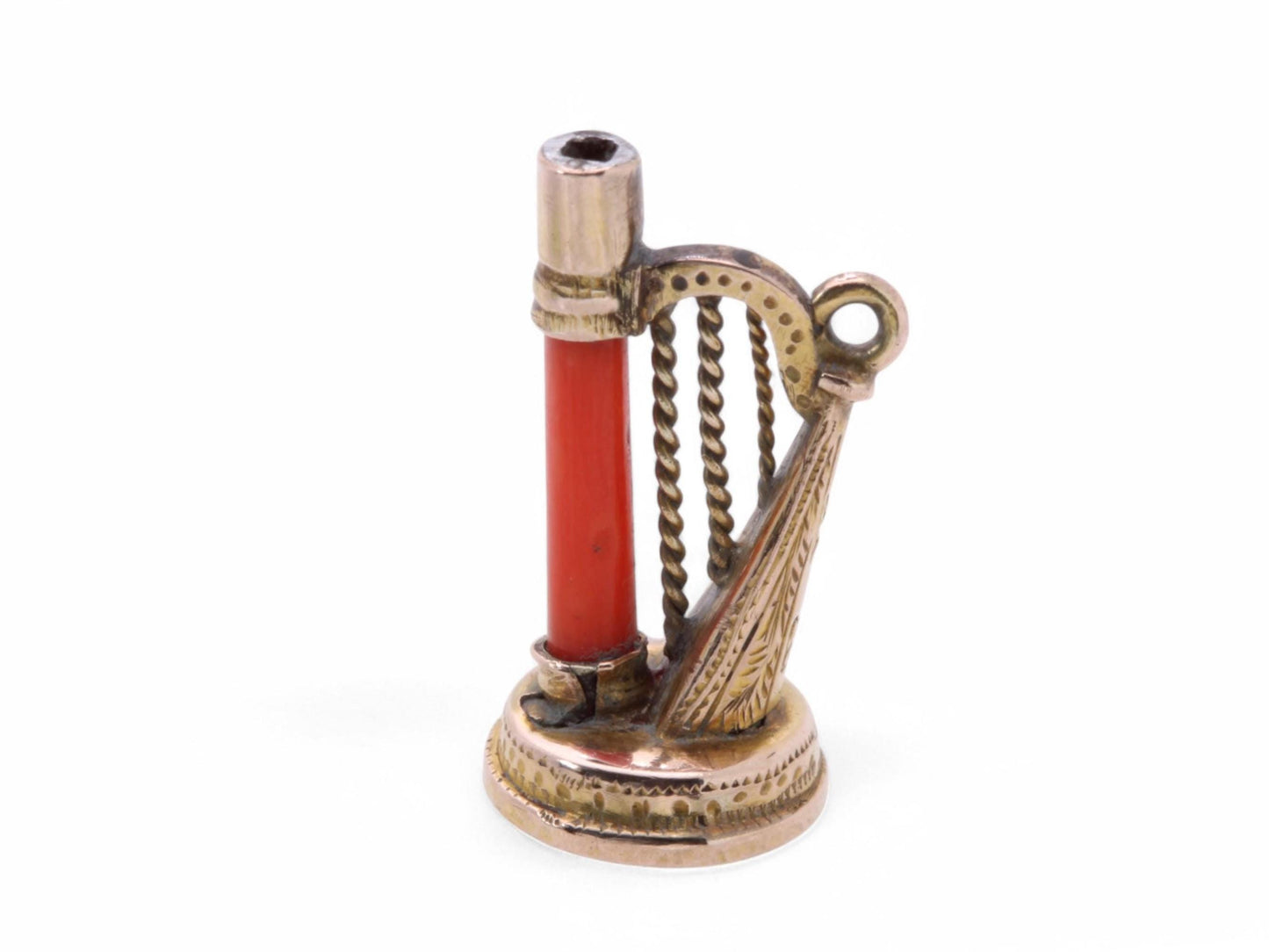 Antique 9ct Gold Coral Harp Pendant Watch Key
