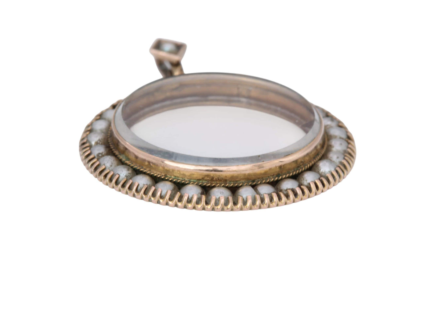 Antique 9ct Gold Seed Pearl, Glass Locket Pendant, 1904