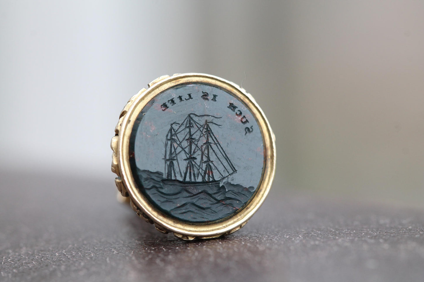 Antique 15ct Gold Seal, Bloodstone Intaglio with Ship & Motto “Such Is Life”, Victorian Sentimental Jewel c.1880